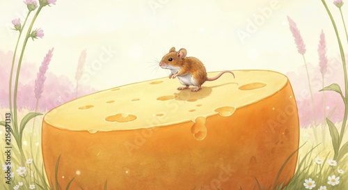 Curious mouse perched on a giant cheddar wheel, fairy-tale scale, soft watercolor tones