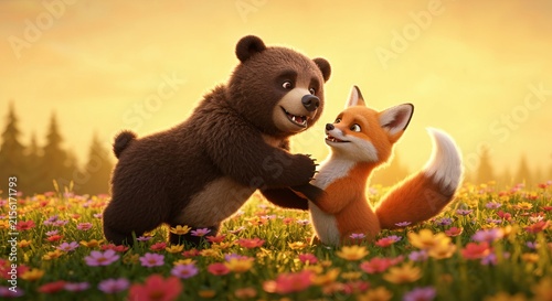 Playful bear cub and fox kit tumbling among wildflowers, golden backlight, whimsical mood