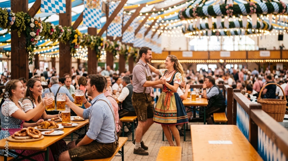 Fototapeta premium Happy couple dances in traditional Bavarian clothing inside a crowded Oktoberfest beer tent in Munich