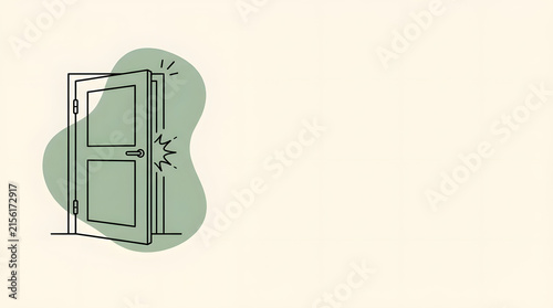 Minimalist line art of an open door with copy space