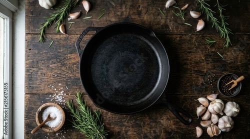Foto Black cast iron skillet on rustic wooden table with fresh garlic and rosemary he