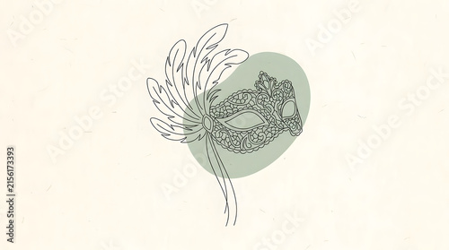 Minimalist masquerade mask illustration with feathers on textured background