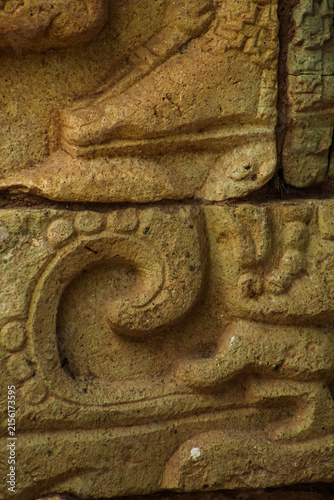 Фотография Detailed macro shot of ancient mayan stone carving and spiral reliefs at Copan R