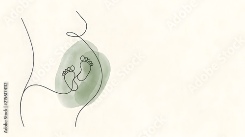 Pregnant belly with baby footprints line art for maternity care.