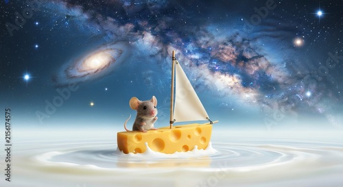 Surreal mouse sailing a cheese boat across a milk sea under starry sky, fantastical, painterly