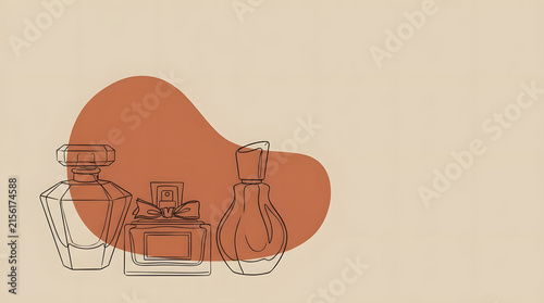 Three perfume bottles in minimalist line art with abstract background