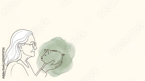 Woman holding a piggy bank in elegant minimalist line art.