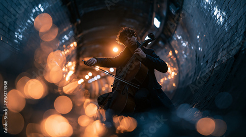Young Man Playing Cello in Atmospheric Underground Tunnel