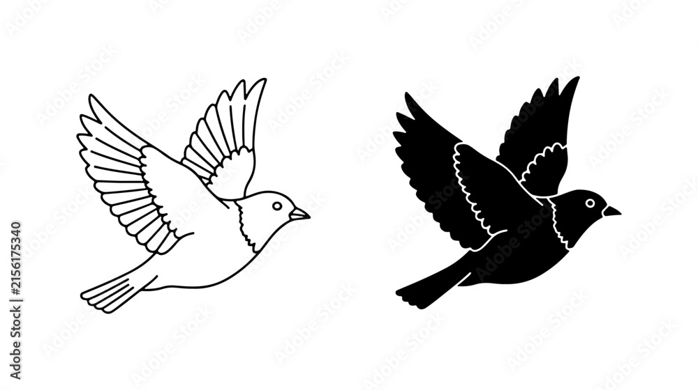 Obraz premium Outline and Silhouette Flying Birds, Vector Icons for Nature and Freedom Concepts
