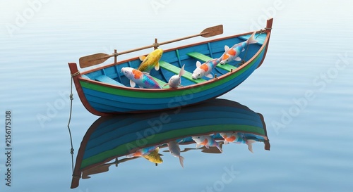 Fisherman skiff with colorful koi lounging like passengers, glossy reflections, surreal dreamlike