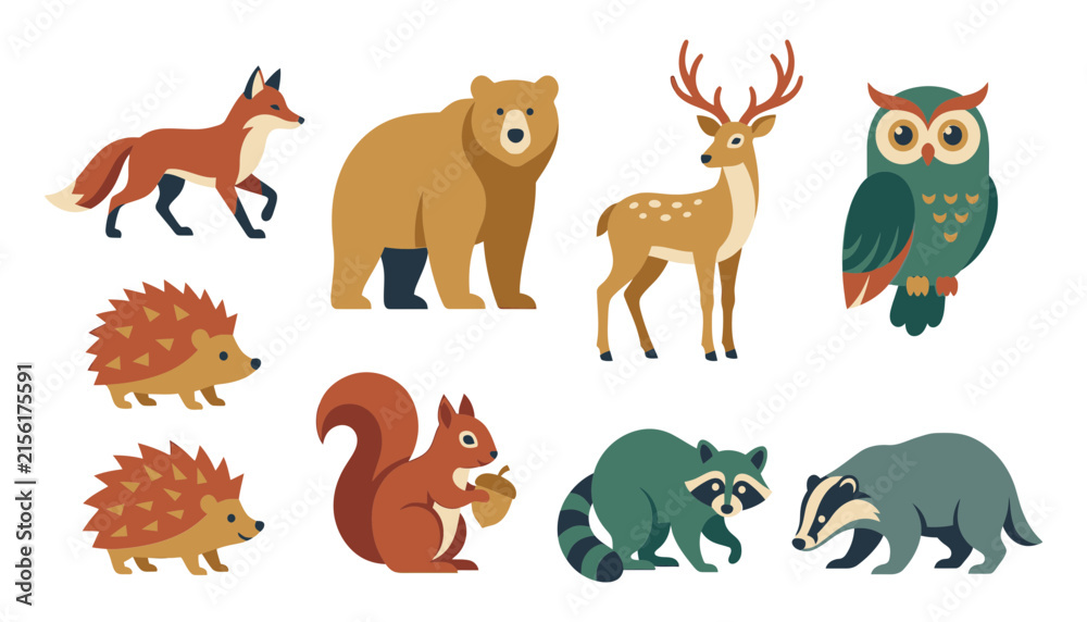 Obraz premium Forest animals collection including fox bear deer owl hedgehog squirrel raccoon badger flat vector illustrations for woodland nursery decor.