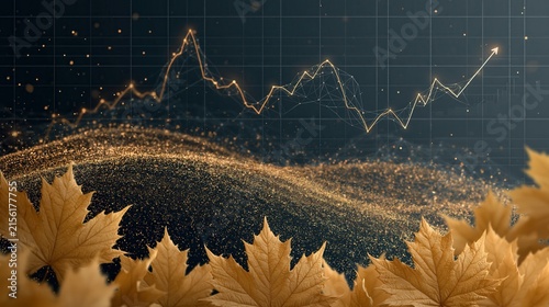 Golden Financial Graph with Autumn Leaves and Particle Wave