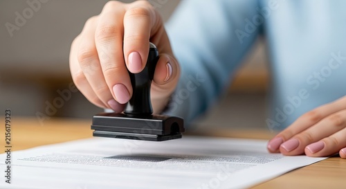Close up of a person using a rubber stamp to approve a document on a wooden office desk