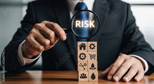 Businessman using a magnifying glass to examine the word risk written on stacked wooden blocks in office