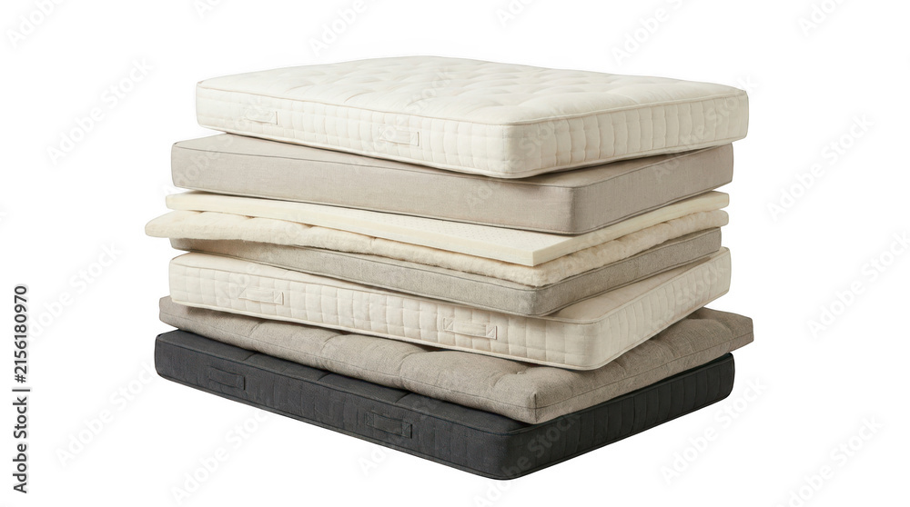 Fototapeta premium Stack of various mattresses and mattress toppers isolated on transparent background