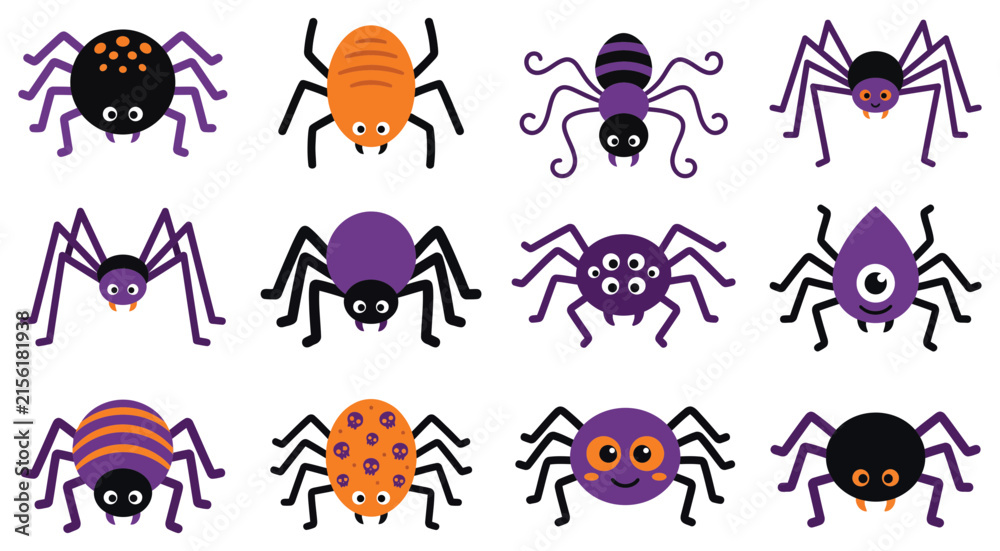 Fototapeta premium Set of cute cartoon spider icons for Halloween design elements and spooky vector graphics