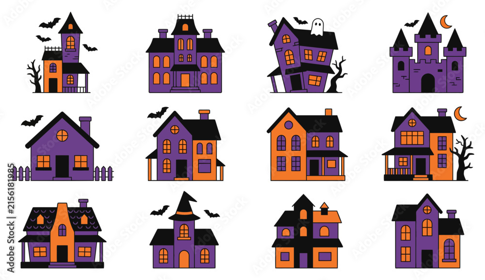 Naklejka premium Set of Halloween haunted house vector icons with spooky mansions and gothic architecture.
