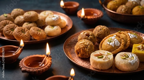 Traditional Indian sweets and lit diyas on copper plates arranged for Diwali celebration festival of lights copy space food photography for holiday s