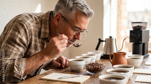 Experienced coffee professional smelling multiple cups during a focused specialty coffee cupping and quality evaluation