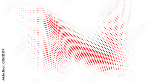 Konstfotografi Red halftone flowing wave with curved dotted lines and fading particles on white