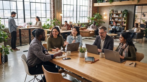 A diverse group of professionals engages in a collaborative meeting in a modern, sunlit office space, fostering an atmosphere of innovation and productivity.
