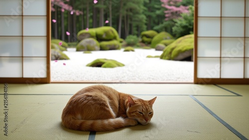 Orange Tabby Cat Lounging on Tatami Mat Overlooking Zen Garden