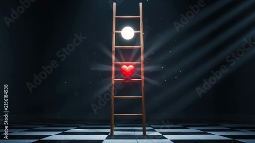 Surreal wooden ladder with glowing red heart and white orb. Conceptual metaphor for love and spiritual growth. Cinematic light rays on checkered floor.