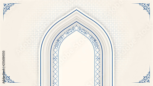 Islamic arch background with traditional blue floral pattern and geometric ornament for ramadan kareem