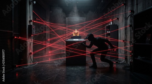 Cinematic high security museum heist with a stealth thief sneaking through a network of glowing red laser beams toward a valuable royal golden crown inside a dark vault setting