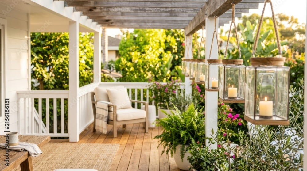 Fototapeta premium Hanging glass lanterns with candles on a wooden porch, creating a warm and inviting atmosphere for outdoor living spaces.