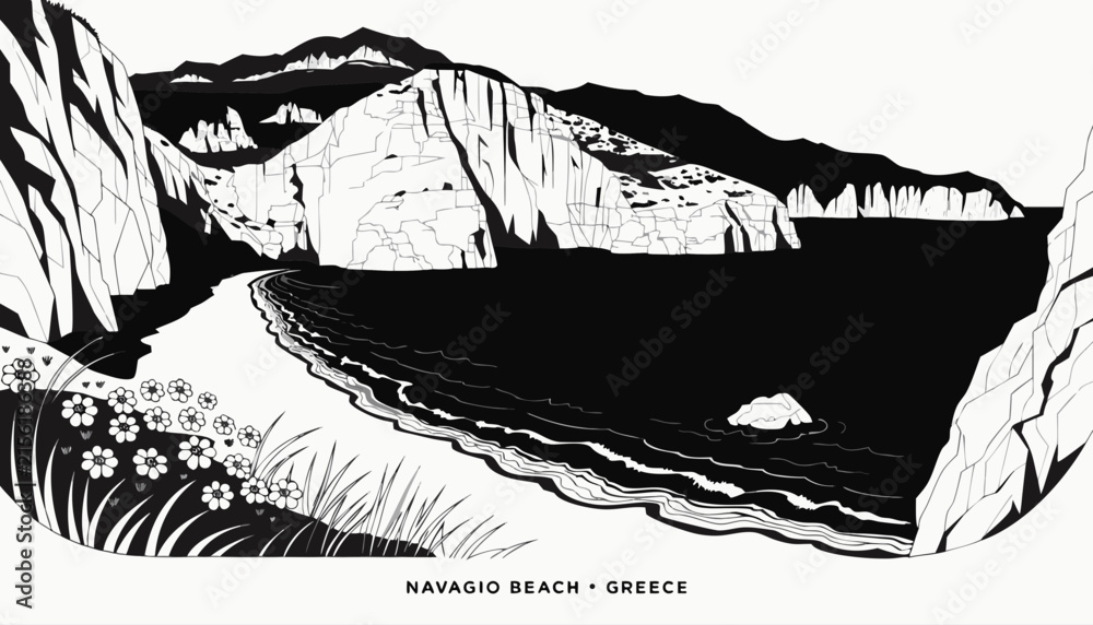 Obraz premium Very beautiful black and white realistic vector of Navagio Beach with white limestone cliffs, sandy shore, ocean waves, wildflowers and dramatic Ionian Sea scenery, NAVAGIO BEACH • GREECE, clean linew