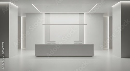 Reception desk stands in a minimalist white lobby with modern linear lighting.