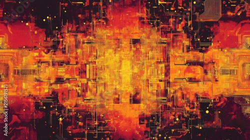 Vibrant Abstract Digital Grid Network with Glowing Red Orange Lines and Data Flow