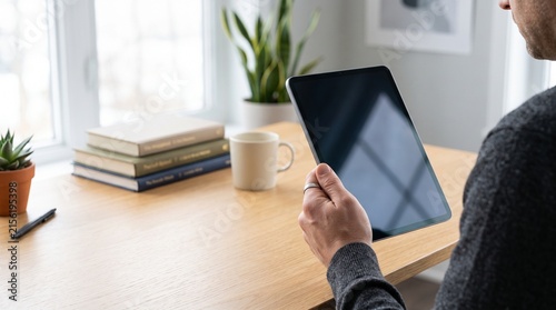 Man holding digital tablet with blank screen at wooden desk in bright home office, professional mockup for website display and remote work lifestyle concept