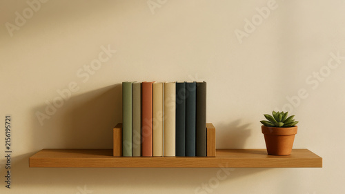 A row of assorted books in muted colors sits on a wooden shelf next to a small potted succulent plant casting a gentle shadow on a cream-colored wall