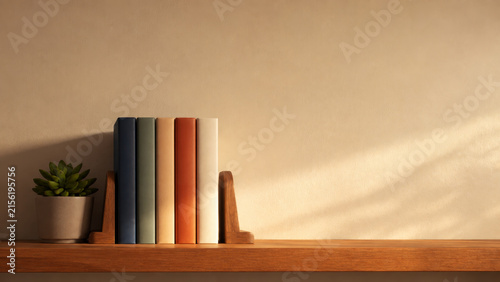 Row of colorful books and a small potted succulent on a wooden shelf under warm natural sunlight shadows