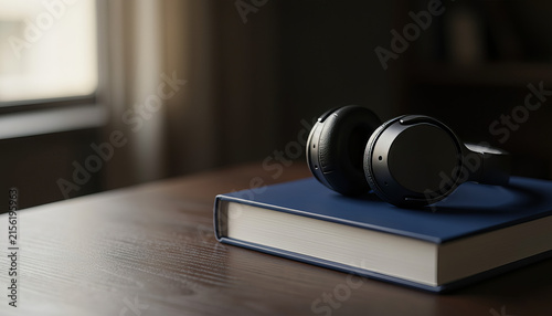 A pair of black headphones resting on an open book, signifying the pursuit of knowledge and entertainment