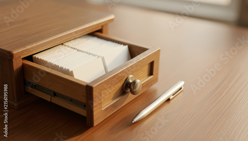 Vintage Wooden Index Card File Box with Blank Paper Sheets and Metallic Pen on an Office Desk