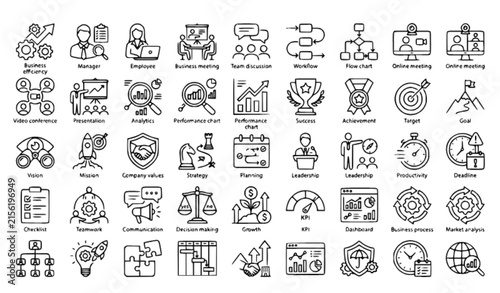 Business Management Thin Line Icon Set for Strategy, Teamwork and Analytics