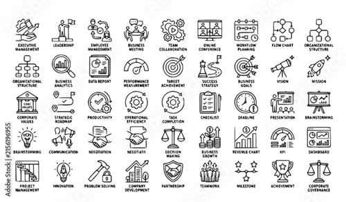 Executive Business Strategy Success and Management Line Icons