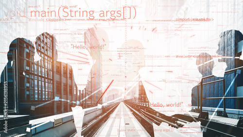 фотографія This image captures the essence of technology and software development through digital code overlays and silhouetted figures, set against an urban backdrop