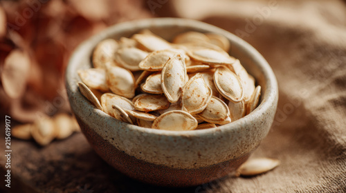 Close-up of roasted pumpkin seeds in ceramic bowl, lightly salted golden with autumn background copy space