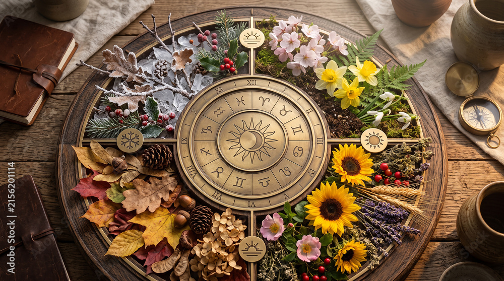 Obraz premium Zodiac Wheel of Four Seasons with Astrological Symbols and Natural Seasonal Elements