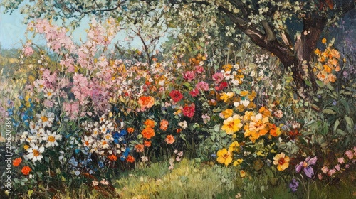 Impressionist Oil Painting of a Vibrant Spring Garden with Wildflowers and Blossoming Trees