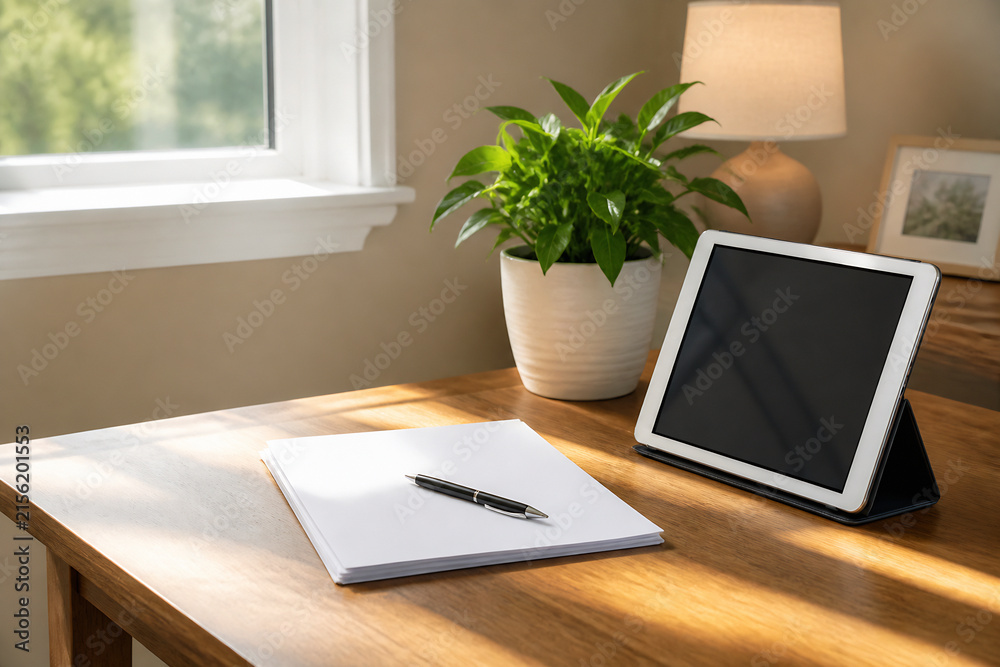 Fototapeta premium A notebook, stylus, and tablet rest on a wooden desk near a window with a potted plant in an indoor setting.