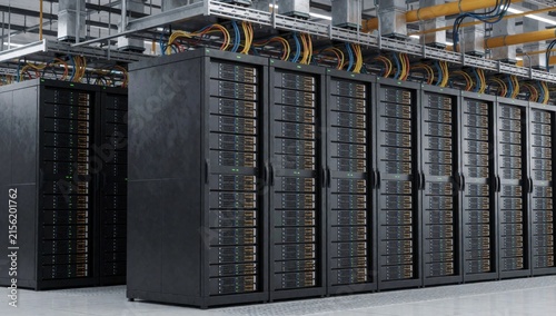 Row large black servers data center arranged neat orderly manner rows facing same direction each server has mu