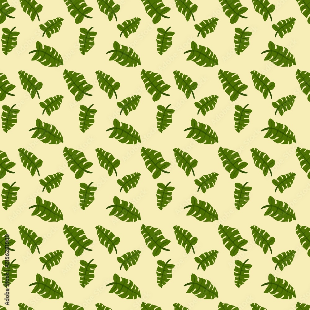 Fototapeta premium A green monstera palm leaf pattern on a warm cream background. Soft tropical botanical texture for rustic packaging and eco stationery.