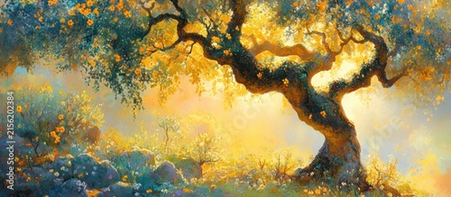 Impressionist Oil Painting of an Ancient Gnarled Tree in a Sunlit Golden Meadow