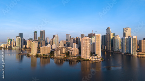 Aerial sunrise view of Miami skyline  across Biscayne Bay