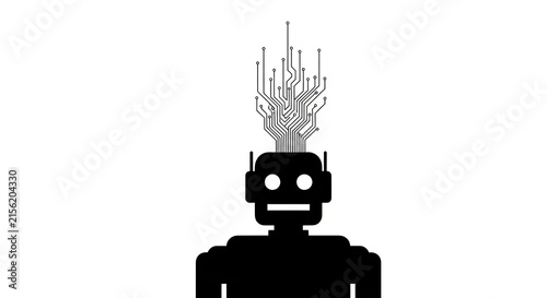 Silhouette of a Robot with a Circuit Board Brain Emerging.